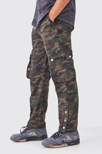 Boohoo Straight Leg 3D Multi Cargo Camo Trouser With Popper Hem, Khaki