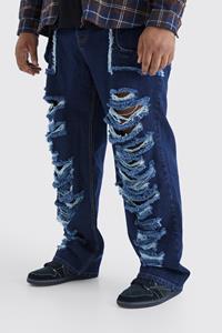 Boohoo Plus Relaxed Rigid Distressed Ripped Cargo Pocket Jean, Indigo