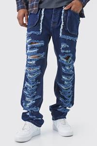 Boohoo Tall Relaxed Rigid Distressed Ripped Cargo Pocket Jean, Indigo