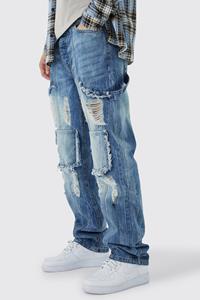 Boohoo Tall Relaxed Rigid Ripped Carpenter Cargo Jean, Antique Blue