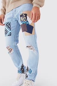 Boohoo Relaxed Fit Mix Print Patchwork Jeans, Ice Blue