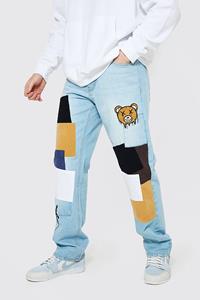 Boohoo Relaxed Fit Teddy Patchwork Jeans, Ice Blue