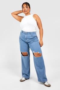 Boohoo Plus Acid Wash Gebleekte Jeans Met Rechte Pijpen En Gescheurde Knieën, Light Blue