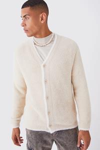 Boohoo Relaxed Fluffy Cardigan With Tipping, Stone