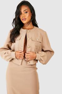Boohoo Relaxed Fit Gold Button Bomber, Soft Beige