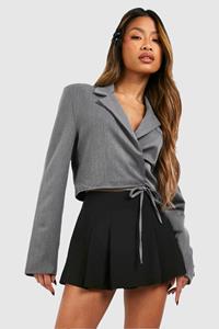 Boohoo Marl Tie Waist Pocket Detail Crop Blazer, Grey Marl