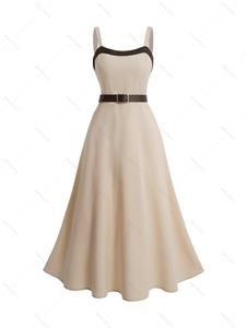 Dresslily Contrast Rivets Belted Midi Dress High Waist Sleeveless A Line Dress