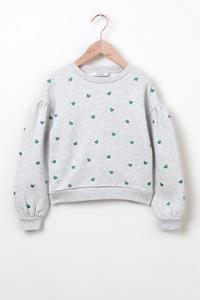 Sissy-Boy Lichtgrijze Sweater Met Pofmouwen En Hartjes Embroidery