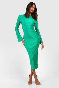 Boohoo Wave Plisse Flare Sleeve Midi Dress, Bright Green