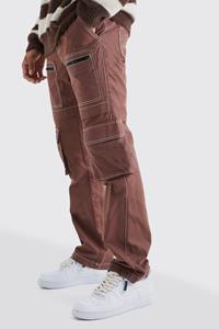 Boohoo Slim Multi Zip Cargo Pocket Contrast Stitch Trouser, Chocolate