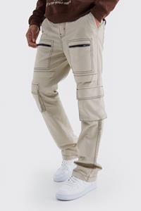 Boohoo Slim Multi Zip Cargo Pocket Contrast Stitch Trouser, Stone