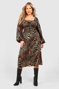 Boohoo Plus Animal Print Ruched Bust Midi Dress, Brown