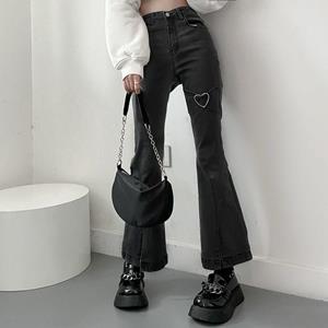 Zhanjie Ladies Clothing Jeans For Women Vintage Gray Denim Flare Pants Streetwear High Waist Slim Mom Trouser Harajuku Y2k Pants