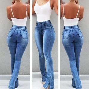 MR75XL Kantoor-dame Sexy Solid Hoge Strecth Split Denim Jeans Vrouwen Mode Slanke Ripped Flare Broek Met Zakken Broek 30304