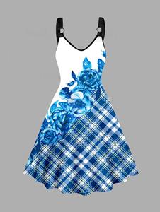 Dresslily Plus Size Dress Plaid Rose Print V Neck O-ring Strap Sleeveless A Line Midi Dress