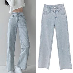 Fashion Lady Clothing Retro jeans met hoge taille, dames nieuwe stijl, draperen, losse, rechte broek met wijde pijpen, dunne dweilbroek, lichtblauw