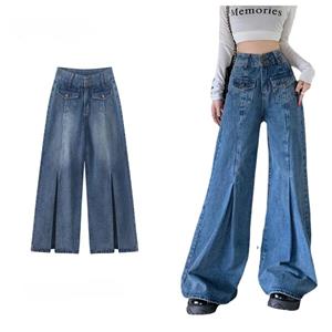 Rockulzzang Dames jeans met geplooide flare broek lichte bootcut bell bottom denim broek y2k hoge taille plus size wijde pijpen blauwe jean kleding