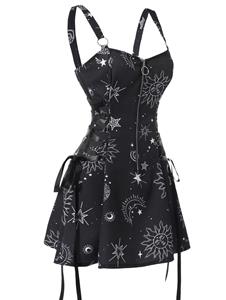 Dresslily Sun Star Print Dress Half Zipper Lace Up High Waisted Strap A Line Mini Dress