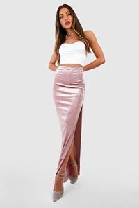 Boohoo Crushed Fluwelen Maxi Rok Met Hoge Split, Blush