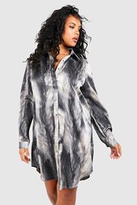 Boohoo Plus Marble Print Shirt Dress, Grey