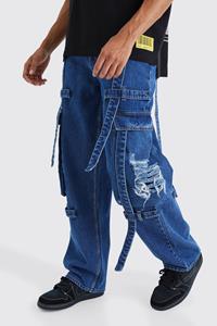 Boohoo Versleten Baggy Cargo Jeans Met Bandjes, Mid Blue