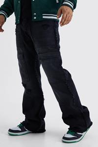 Boohoo Onbewerkte Flared Baggy Cargo Jeans Met Gerafelde Zoom, Washed Black