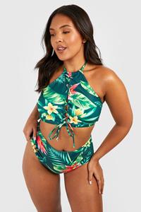 Boohoo Plus Tropische Bikini Met Hoge Taille En Veters, Meerdere
