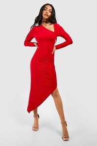 Boohoo Double Slinky Rouched Asymmetric Midaxi Dress, Red