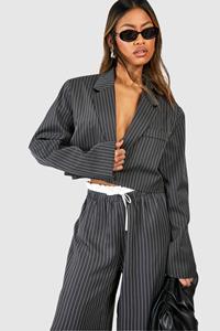 Boohoo Pinstripe Double Breasted Boxy Crop Blazer, Charcoal