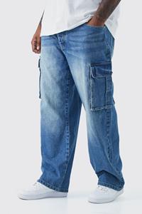 Boohoo Plus Relaxed Rigid Cargo Jeans, Mid Blue
