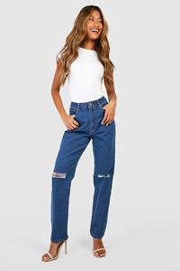 Boohoo Basic Jeans Met Hoge Taille, Rechte Pijpen En Gescheurde Knieën, Washed Indigo