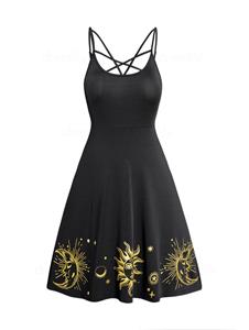 Dresslily Plus Size Mini Dress Cut Out Sun Moon Star Print Sleeveless High Waisted A Line Dress