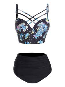 Dresslily Butterfly Mushroom Print Tankini Swimsuit Lattice Strap Tummy Control Swimwear Ruched Underwire Bathing Suit