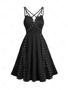Dresslily Gothic Dress Grommet Plain Color Empire Waist V Notched Crisscross A Line Mini Dress