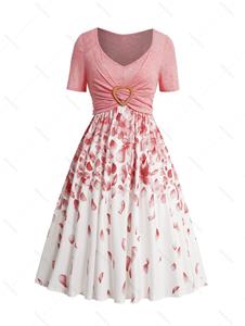 Dresslily Petal Print Heart Ring Crossover Front A Line Dress V Neck Short Sleeve Dress