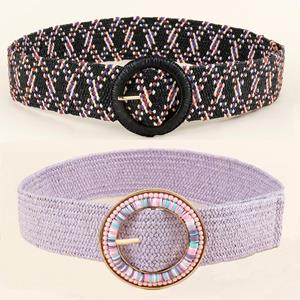 INSIGHTER Vrouwen stro geweven elastische stretch taille riem brede jurk gevlochten tailleband riem met ronde gesp