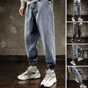 Tianhangyuan Mid-Rise Elastische Taille Riem Trekkoord Krimpbare Manchetten Casual Jeans Heren Multi Zakken Hip Hop Denim Jogging Broek Streetwear