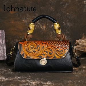 Johnature Damestas Retro Leather Carving Craft Dameshandtas Veelzijdige schouder- en crossbodytassen met grote capaciteit