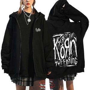 TENJINGE Trendy Korn Rock Band Print Zipper Hoodies Metal Music Men's Zip Up Jackets Hip Hop Streetwear Sweatshirts Unisex Y2K Cardigan Coats