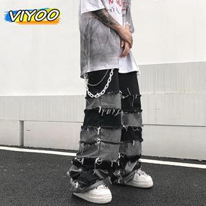 VIYOO Oversized vintage patchwork-stijl voor heren, wijde pijpen, denimbroek, baggy, gescheurde, noodlijdende jeans, Y2K, grunge, voor mannen, streetwear
