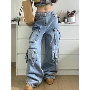 Rockulzzang Techwear Pocket Baggy Jeans met riem Dames Denim Broek y2k kleding plus size cargo streetwear harajuku losse wijde pijpen recht