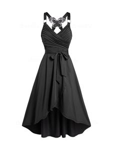 Dresslily Crossover Dress Self Belted Bowknot Tied Butterfly Lace High Waisted A Line Midi Dress