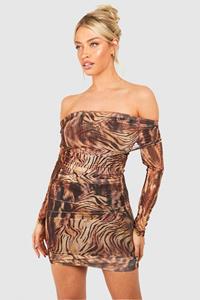 Boohoo Bardot Ruched Leopard Print Mesh Mini Dress, Brown