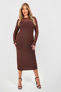 Boohoo Plus Sheer Mesh Contrast Midaxi Dress, Chocolate