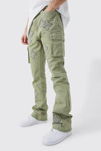 Boohoo Tall Fixed Waist Slim Flare Gusset Applique Cargo Trouser, Olive