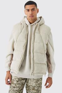 Boohoo Cord Panelled Hooded Puffer Gilet, Stone
