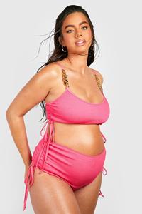 Boohoo Zwangerschap Gekreukelde High Waist Bikini Met Kettingbandjes, Hot Pink