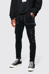 Boohoo Cargo Stretch Skinny Jeans Met Contrasterende Stiksels, Washed Black