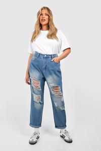 Boohoo Plus All Over Ripped Mom Jeans, Blue