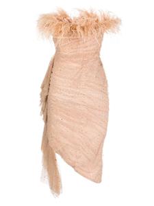 Badgley Mischka feather-trim asymmetric dress - Oranje
